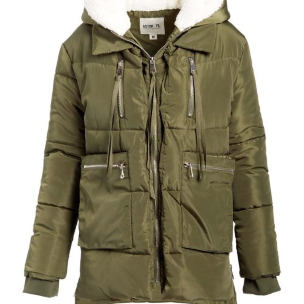 NWT Plus size 3X Olive. Military Green Puffer Coat Sherpa Hooded large p…